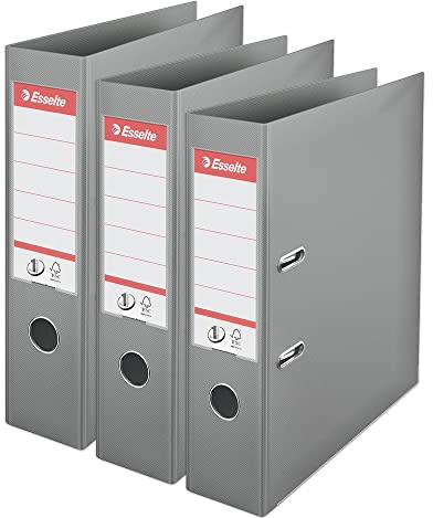 Esselte VIVIDA 624284 Lot de 3 classeurs à levier A4, tranche de 75 mm, capacité de 500 feuilles, PP, couverture en plastique, fichiers et dossiers, gris, lot de 3