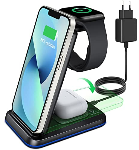 ZUBARR Faltbare Kabellose Ladegerät, 3 in 1 Ladestation, Wireless Charger für iPhone 15 14 13 12 11 Pro Max/XR/XS/8/Samsung, für Apple Watch 9/Ultra 2/SE/8/7/6/5/4/3