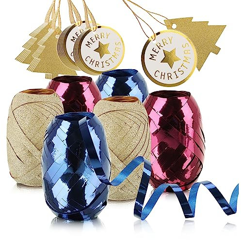 com-four® 30-teiliges Verpackungsdekoset - Geschenkbänder und Geschenkanhänger zum Verpacken und Dekorieren - Deko-Ringelbänder und Anhänger zum Beschriften