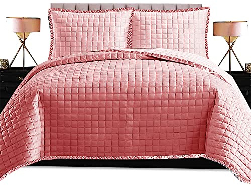 B&B Double Bedspreads and Throws - 100% Cotton Filling Reversible Embossed Comforter Set with Silk Border - 3 Pieces Quilted Bedspreads Double Bedding Set include 1 Bedspread + 2 Pillow Shams - Pink
