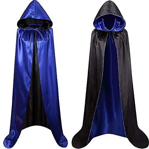 Cape noire à capuche pour costume vampire homme, cape médiévale femme pour Halloween, cape réversible noire, rouge, vert, violet, bleu pour costume de sorcière, 140 cm (bleu/noir)