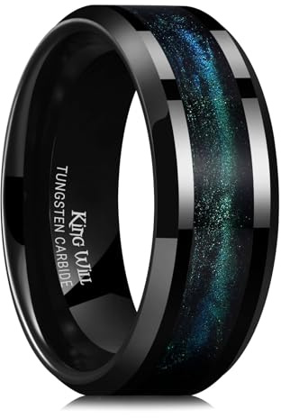 King Will 8mm Black and Blue Green Wedding Band for Men, Beveled Polished Edge Turquoise Sand Inlay Tungsten Carbide Rings, Comfort Fit, Size 10