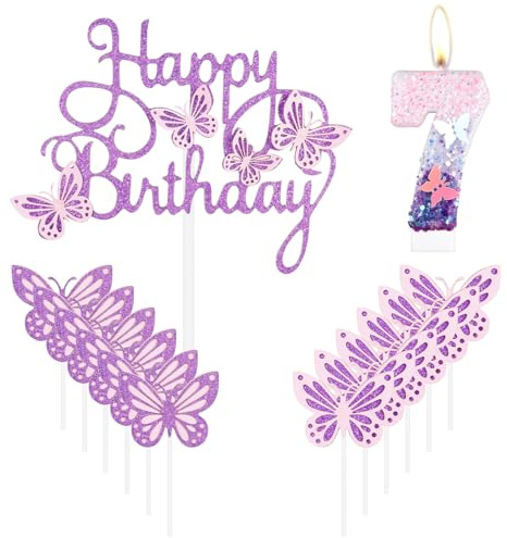 Glad 7:e Fjäril Födelsedagsljus, Rosa Lila Nummer 7 Ljus Med Fjäril Tårta Cupcake Topper För Flickor, 7:e Födelsedagsljus Dekorationer