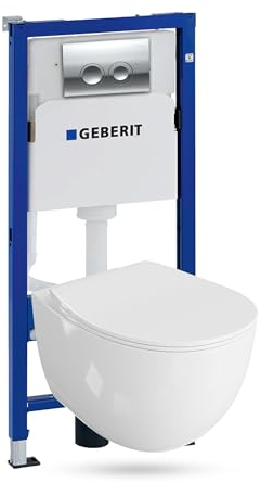 Lavita Duofix Basic Vorwandelement + Wand Tiefspül WC Mondo Weiß Spülrandlos + WC Sitz + Bedienplatte Delta 25 Verchromt Knopf Komplettset Unterputz Spülkasten Toilette Komplett Sett WC