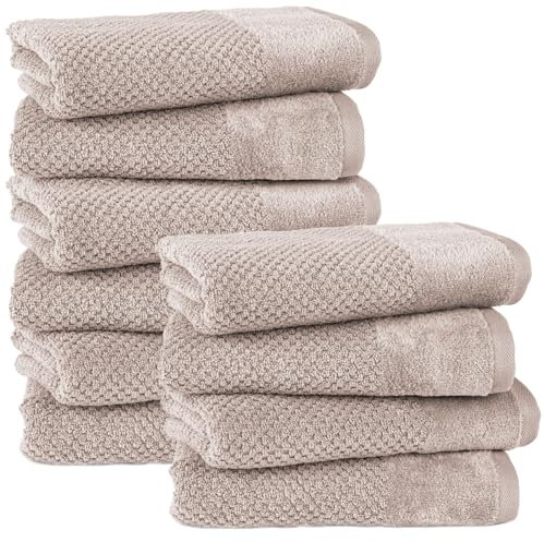 Pure Label 10-TLG. Handtücher Set mit Aufhängeschlaufen aus 100% Baumwolle, saugstark, weich und Oeko-TEX Zertifiziert - 10er Pack Handtücher 50x100 cm aus feinster Baumwolle, Beige - Taupe