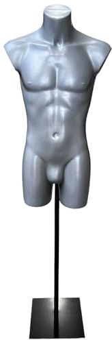 Manichino sportivo da uomo, colore grigio argento, busto per abbigliamento, costumi da bagno, moda e accessori per la spesa, fornito con supporto da pavimento in metallo nero