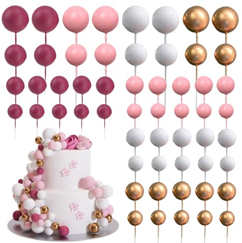 56 Pcs Ball Cake Topper Decorations, Mini Balloons Cake Topper Sticks Foam Balls Cake Balls Decoration for Wedding Birthday Party Cake Decorations (Rose Red, Light Pink, White, Gold)