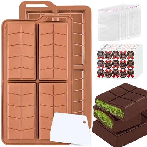 ZONBBEE Dubai Chocolate Form Chokladform silikonform djup,Silikonform Chokladformar Chokladkaka och1 spatel,100 stycken påsar och 105 Chokladklistermärken Chokladtavla Chocolat Mold Form för choklad