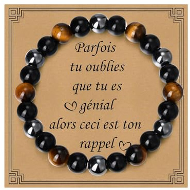 Gamtic Cadeau Homme Bracelet Pierres Naturelles - Bracelet de Perles Triple Protection Cadeau Anniversaire Saint-Valentin Fête de Pères Fête de Mères Pour Papa Papy Mari Amis Maman Mamie (8mm)
