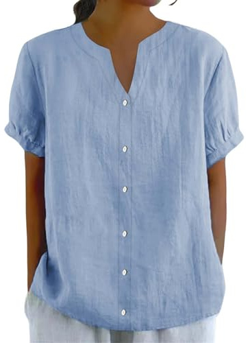 Damskjorta kortärmad bomull linne – blusar button-down linneblus V-ringad blusskjorta lös casual toppar strand t-shirts lös linneskjorta enfärgad elegant tunika skjorta