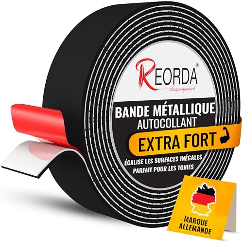 REORDA® Bande Métallique Auto-Adhésive Noire Idéale pour Figurines Tonies® & Étagères (Extra Fort) - Ruban pour Aimants I Bande de Fer Ruban Ferreux