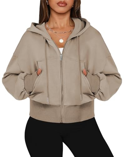 OLIPHEE Sweats à Capuche Femme Veste Courte avec Fermeture Éclair Grandes Poches Veste à Capuche Femme Couleur Unie Manteau Zippé Casual Y2k Automne Hiver