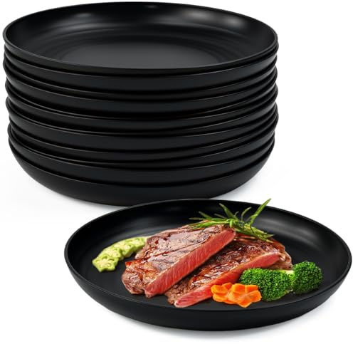 EAAGHK 12 Pcs Assiette Plate 22.5 x 3 cm, Assiettes Réutilisables Rondes, Assiettes Service de Table Fête Noirs, Assiette Ronde Incassable sans BPA, pour Maison Salle à Manger Camping Salades Desserts