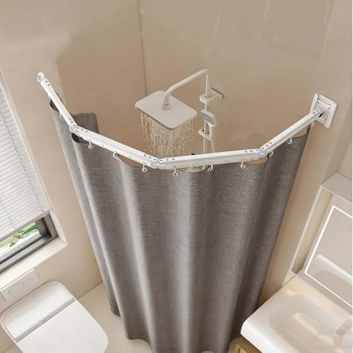 Barra de cortina de ducha plegable sin necesidad de taladrar, plegable en 4 posiciones y giratoria, aleación de aluminio, con 180 x 200 cm, cortina de ducha impermeable antimoho, para baño (blanco