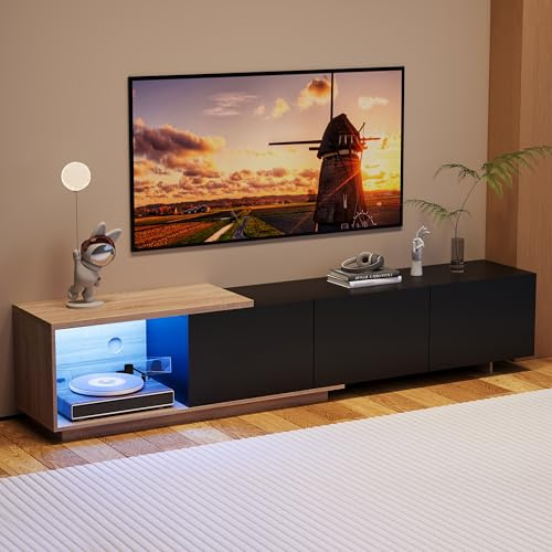 Mobile per TV modulare con illuminazione LED, Mobile per TV allungabile con 3 cassetti, Armadio per TV con spazio aperto, Set di mobile TV moderno che può essere aperto e chiuso (Nero-1, 240x38x44 cm)