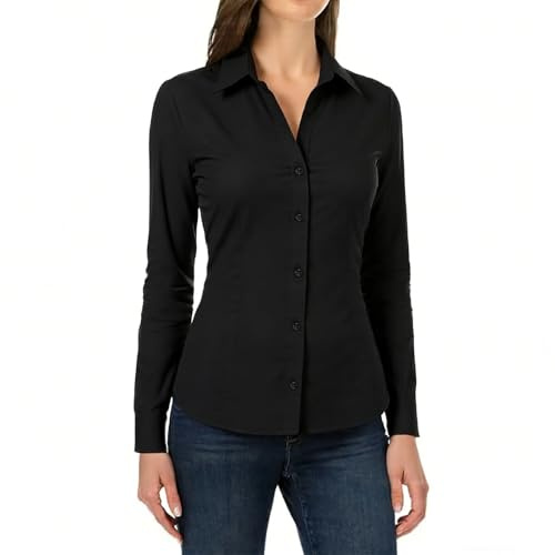 Black Shirt Womens,Black Blouse Long Sleeve V-Neck Regular Fit, Womens Shirt with Buttons,Ladies Basic Blouse Tops for Office Work Business Casual (UK, Alpha, L, Regular, Regular, Black)