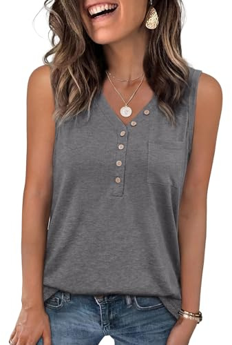 Aottori Camisetas Sin Mangas Mujer Botones Cuello V Chaleco Verano Básico Cami Casual Suave Sólido Suelta Ajustada Estirada Camiseta con Bolsillo Gris S
