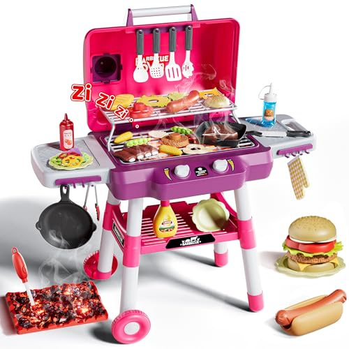 Kids Play Kitchen Toys, Kids BBQ Grill Playset，2-Tier Barbecue Toy with Wheels, Smoke Sound Light, Outdoor Play Food Toys Cooking Set, Birthday Gift for Toddlers 3-5（Pink）