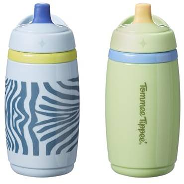 Tommee Tippee Insulated Active Spout Toddler Sippy Cup 12m+ | Pack of 2, 266ml, Green & Blue, Easy-Hold Handles for Little Hands