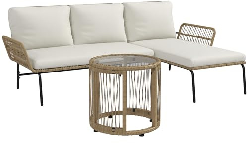 Outsunny Salon de Jardin Extérieur d'angle 3 Places Modulable Patio Crème | Résine Tressée, Canapés, Chaise Longue, Table Basse en Verre, Coussins, Mobilier de Jardin, Terrasse