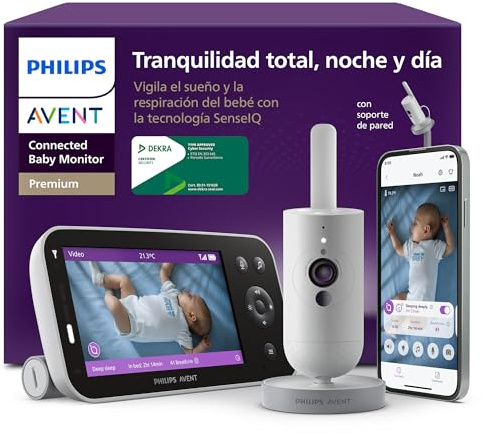 Philips Avent Premium Connected Baby Monitor med app - 1080p HD-kamera, sömn- och andningsspårning med AI, gråtöversättning, DEKRA-certifierad för högsta cybersäkerhet, väggfäste, SCD974/26