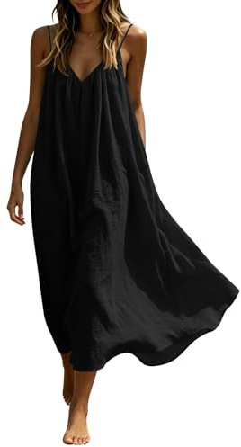 Maxi Dresses Womens Cotton Linen Casual Oversized Tunic Dress Sleeveless Spaghetti Strap Vest Dresses Solid Color A-line Sundress Baggy Beach Long Dress Summer Plain Sundress Black