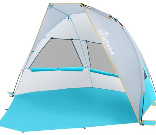 Wolfwise Strandmuschel mit UV-Schutz 50+, 2-3 Personen Strandzelt, Sonnenschutz und Windschutz mit erweiterbarem Boden, Zelt Tragbar für Familie Camping Garten, 210 x115x125 cm (83 x45x49 IN), Blau