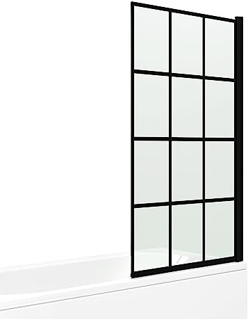 iBathUK Framed Black Square Grid Shower Screen, Clear Tempered Glass Panel Bathroom Shower Screen, Safety Shower Tempered Glass Door for Bathroom Wet Room 800 x 1400mm