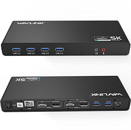 WAVLINK Station d'accueil USB-C, 2X (HDMI+Displayport), 5K et Dual 4K Display, 6xUSB3.0, USB-C, Gigabit Ethernet, Audio&Mic, pour Ordinateur Portable PC, Compatible avec Mac OS et Windows