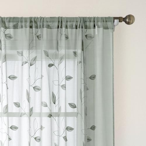 HOMEIDEAS Sage Green Sheer Curtains 52 X 96 Inches Long 2 Panels Embroidered Leaf Pattern Pocket Faux Linen Floral Semi Sheer Voile Window Curtains/Drapes for Bedroom Living Room