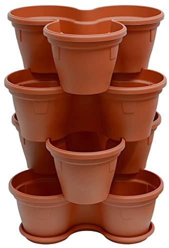 Engelland 4X Blumentopf, Säulentopf, Pflanzturm, Hochbeet, Pflanztopf-Kübel mit Untersetzer, stapelbar, widerstandsfähig, Kunststoff, für Außenbereich, 44 Liter, Farbe: Terrakotta