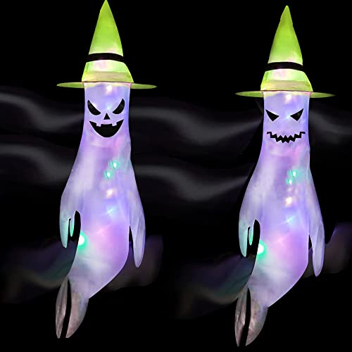 CJBIN Halloween Geist Windsock Flagge, 2 Stück Ghost Windsäcke mit LED Licht Hängende Spooky Flag Wind Streamer für Halloween Vorgarten, Patio, Rasen, Garten, Party Dekor