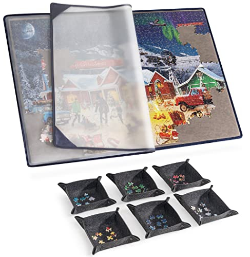Tektalk Puzzle Board mit 6 Sortierschalen, tragbare Puzzlematte mit transparenter wasserdichter & staubdichter Abdeckung für Puzzleaufbewahrung, für bis zu 1000 Puzzleteile – Grau