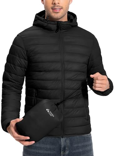 Pioneer Camp Chaqueta acolchada ligera para hombre, con capucha, aislante, térmica, para invierno, para correr, viajar, Negro, XX-Large