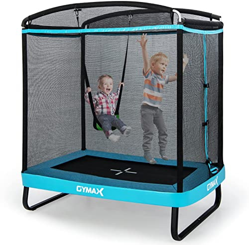 GYMAX 6 FT Kids Trampoline, Rectangle Trampoline with Enclosure Net, Swing and Spring Cover, Indoor Outdoor Combo Bounce Trampoline for Boys & Girls (Blue)