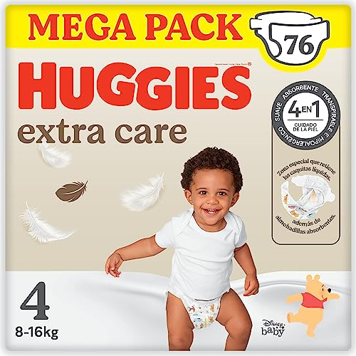 HUGGIES Extra Care - Pannolini per bambini taglia 4 (8/16 kg) - Confezione da 76 pannolini - extra morbidi - barriere anti perdite - facile da cambiare - ipoallergenico e dermatologicamente testato -