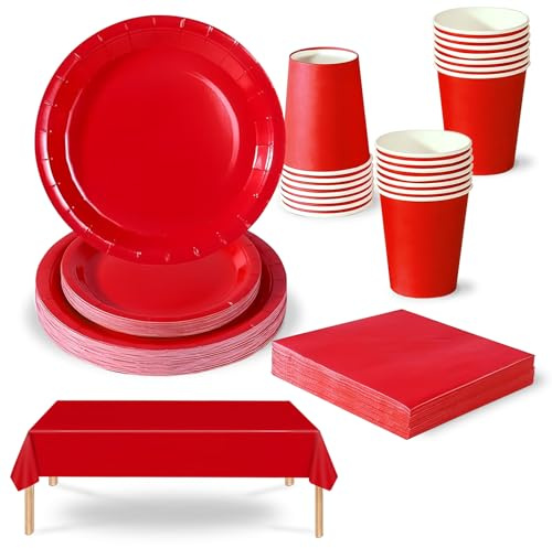 69 piezas Rojo Platos Desechable Juego de Vajilla Desechable Decoración Cumpleaños Fiesta,Platos Servilletas Copa de Papel y Mantel,para Bodas,Picnics,Baby Shower,Biodegradable,Compostables