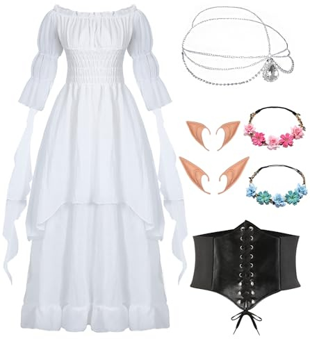 Abito gotico vittoriano, da donna, medievale, costume rinascimentale, abito da sera, vintage, bianco, per carnevale, Halloween, con orecchie da elfo, per capelli, calzini corsetto VL029XL