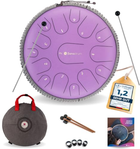 Sonodrum Zungentrommel Premium C - Dur in Flieder - 35 cm groß mit 15 Tönen - Steel Tongue Drum inkl. Liederbuch, Schlägel, Fingersticks und Tragetasche - Notenlesen nicht nötig, einfach zu spielen.