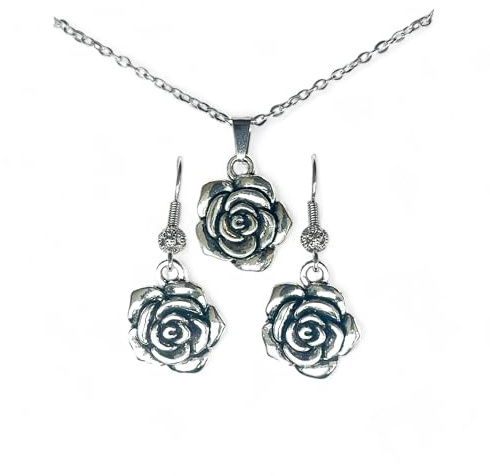 ASTER ALHELÍ Schmuckset Damen Halskette und Ohrringe Blume – Lange Halskette Damen mit Blumen Anhänger – Eleganter Schmuck Platinbeschichtet – Edelstahlkette – Geschenk für Frauen