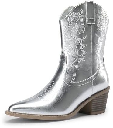 DREAM PAIRS Women's Cowboy Boots, Pointed Toe Chunky Heel Cowgirl Boots, Zipper Pull-On Stitched Western Boots Ankle Boots for Ladies,Size 3,Silver-Pu,SDAB2219W