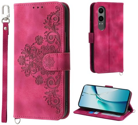 Auslbin Hülle für Oneplus Nord CE4 Lite 5G 6.67 Blumen Tasche, 5 Kartenfächer Handyhülle für Nord CE 4 Lite Vintage-Stil PU-Leder Flip Schutzhülle, Rot