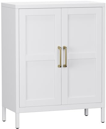 Aobabo Bathroom Storage Cabinet with 2 Doors and 2 Adjustable Shelves - 90cm High White Living Room Storage Cabinet, 3-Tier Tall Steel Cabinets for Kitchen, Living Room Office,Assembly Required
