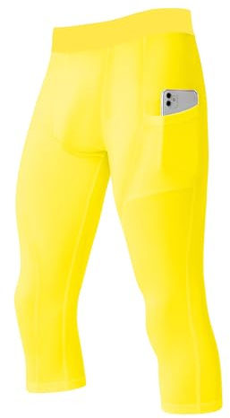 SPVISE Men's 3/4 Compression Pants Athletic Capri Leggings Dry Fit Running Tights with Pocket Basketball Sports Gym Baselayer, Yellow, Small