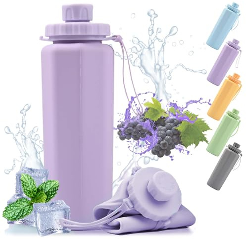 Shyllin Borraccia Pieghevole, 600ml Borraccia Morbida, Tenuta Stagna e Portatile, Senza Bpa, Bottiglia D'Acqua Fitness, Adatta per Campeggio, Sport All'Aria Aperta, Viaggi, Pendolarismo (Viola)