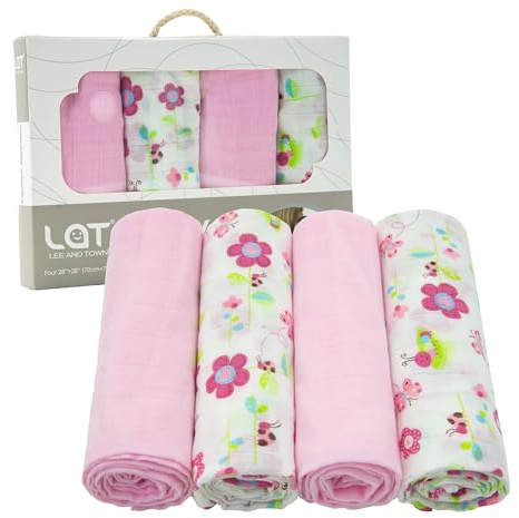 LAT Musselintücher für Babys, 70x80cm 4er Pack Mullwindeln Spucktücher Mulltücher 100% Baumwoll Weich und Atmungsaktiv für Neugeborene Mädchen und Jungen (Blume+Rosa)