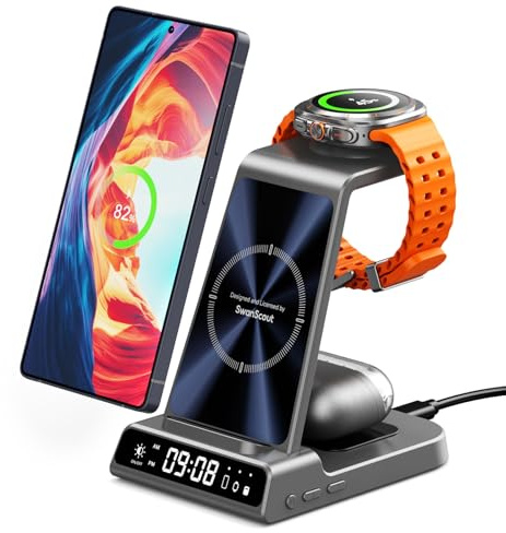 Cargador Inalámbrico para Samsung, Estación de Carga 3 en 1 para Samsung Galaxy S25 Ultra/S24/S23/Z Flip 7/Fold 6, Base de Carga Wireless Charger para Galaxy Watch 8/Ultra/7/6/5, Galaxy Buds 3/3 Pro