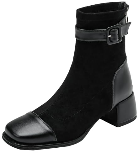 XIEPP Botines de mujer Moda Punta cuadrada Elegante hebilla de metal Botines con cremallera, Negro , 40 EU