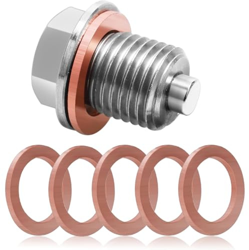 DIPZO Tapón de Drenaje de Aceite Magnético M12 x 1.25, Tornillo de Acero Inoxidable con 5 Arandelas de Cobre, Repuesto Universal para Coches, Motos, Barcos