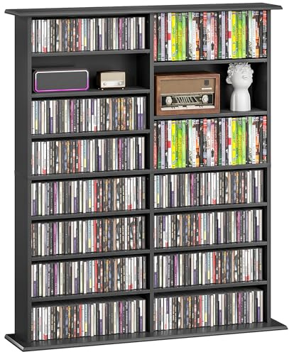 HOMCOM Rangements pour CD et DVD, meuble de rangement multimédia, capacité 720 CD/396 DVD et Blu-ray, 16 compartiments et 12 étagères réglables, pour salon, chambre, 106,5x24x126,3cm, noir